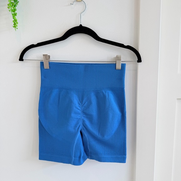 Women's Workout Yoga Vibrant Blue High Waisted Seamless Ribbed Biker Shorts S - Picture 3 of 7